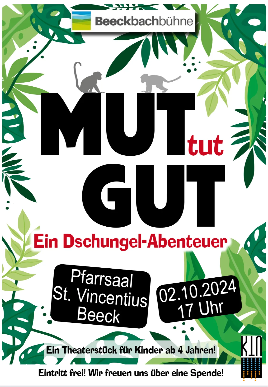 Plakat „Mut tut gut – Ein Dschungel-Abenteuer“ mit Dschungelmotiv und Affen, Termin 02.10.2024, 17 Uhr, Pfarrsaal St. Vincentius Beeck, Eintritt frei.