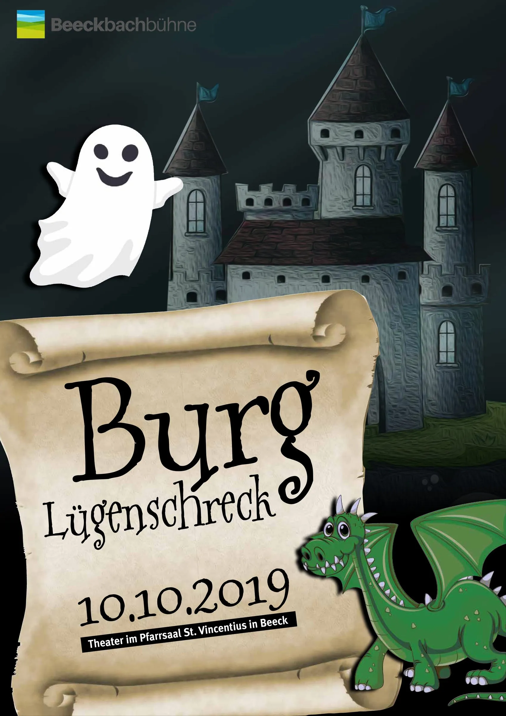 Plakat „Burg Lügenschreck“: gruseliges Schloss mit Drache und Gespenst, Termin 10.10.2019 im Pfarrsaal St. Vincentius in Beeck.